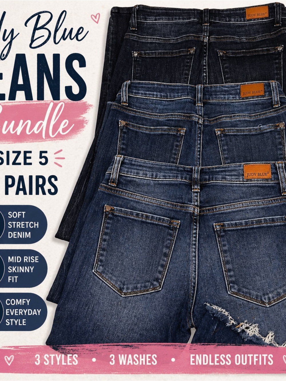 Judy Blue Jeans Bundle Size 5 Lot of 3 Mid Rise Skinny Distressed Stretch Denim